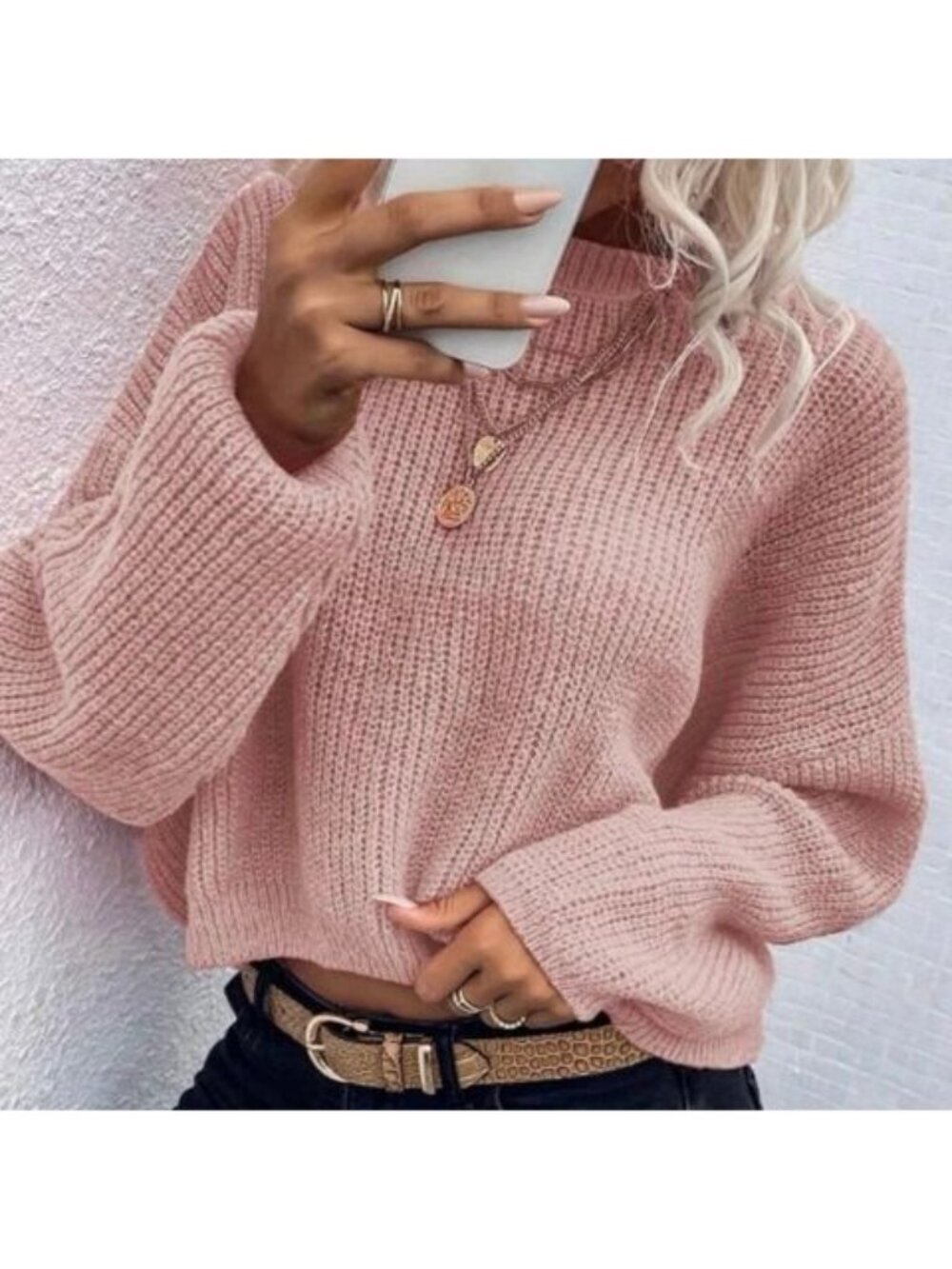 SHEIN Pink Chunky Knit Cropped Sweater Balloon Sleeve Women’s Small